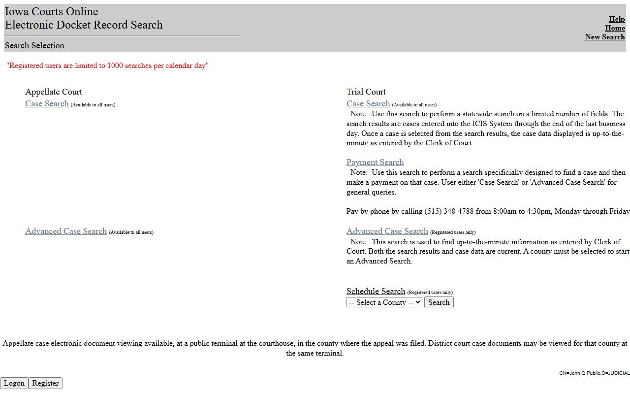 Iowa Courts Online search selection controls for trial and appellate case search