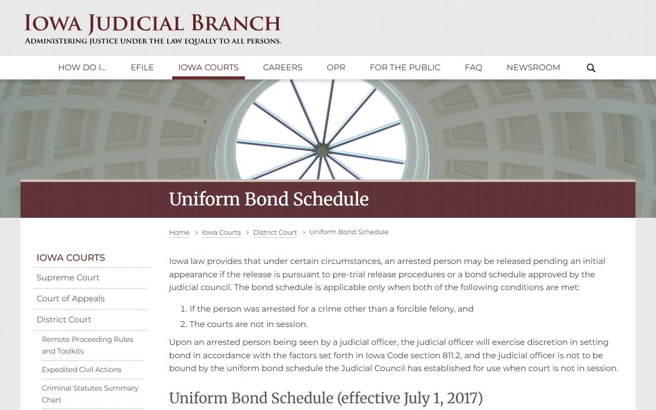 Iowa Judicial Branch uniform bond schedule page